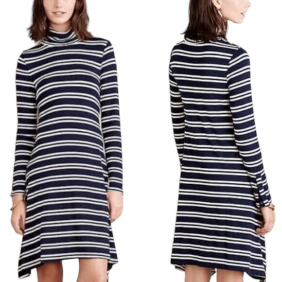 Anthropologie Maeve Navy Blue White Striped Long Sleeve Turtleneck Dress Size XS - Picture 1 of 9